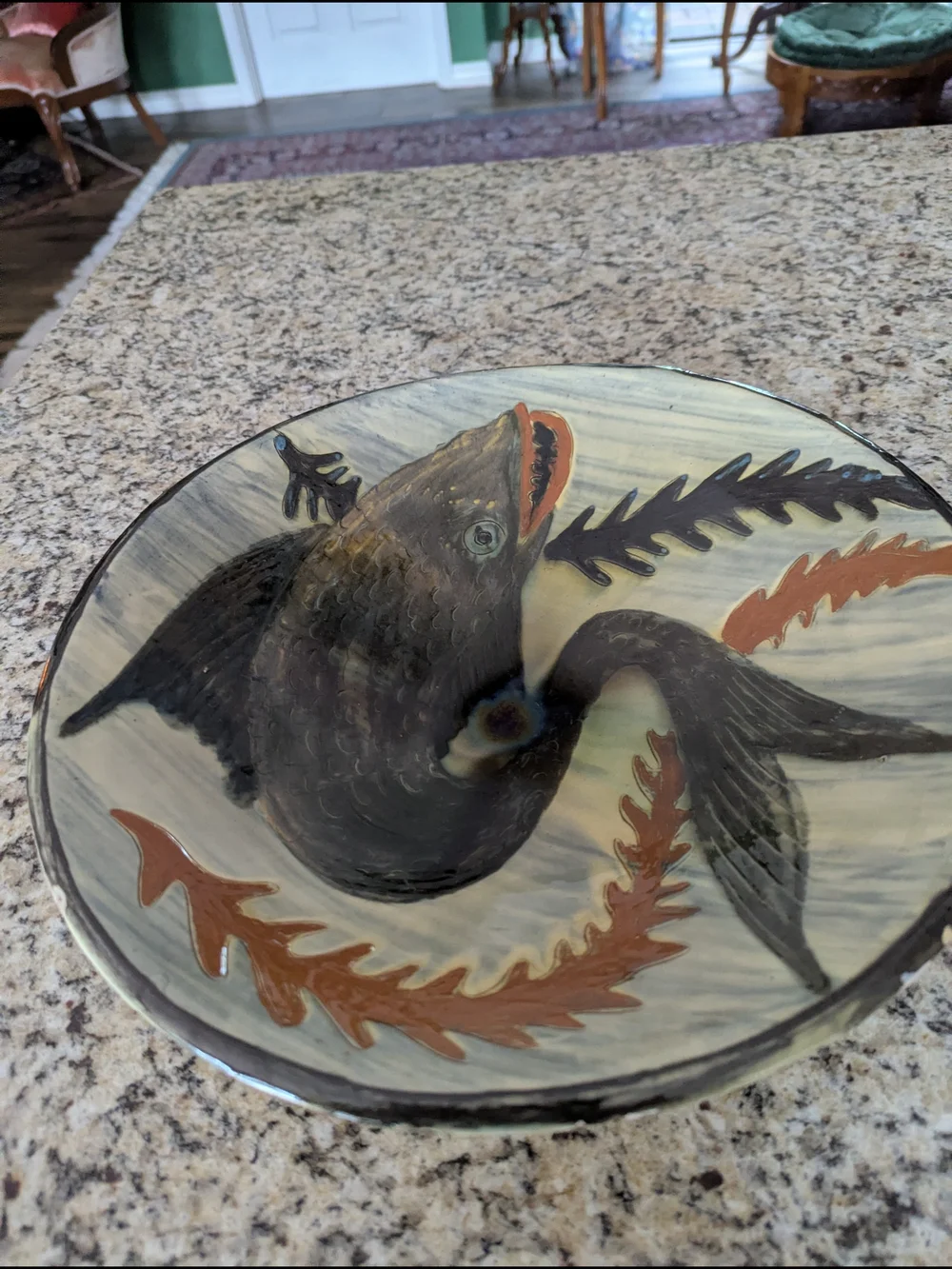 Decorative Fish Motif Ceramic Bowl in Blue and Brown - Picture 3 of 3